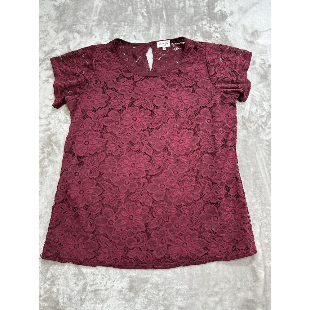 Siren Lily Blouse Top Women's Size 1X Cranberry Lace Lined Short Sleeve‎ EUC